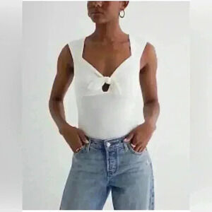 NWT Express white bodysuit with sweetheart neck long and bow tie front; size S